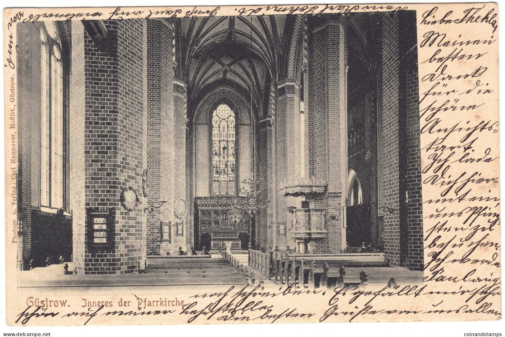 Postkarte Güstrow -Inneres Der Pfarrkirche, S/w, 1902, Orig. Gelaufen Nach Hamburg/Pöseldorf, II - Güstrow
