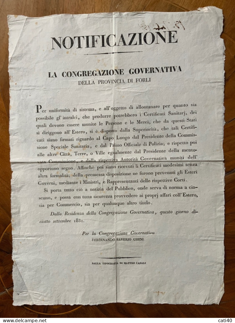 FORLI' 18/9/1831 - MANIFESTO SANITA' - DISPOSIZIONI SUI CERTIFICATI SANITARI - F.SAVERIO GHINI  - TIP.CASALI (30x45) - Afiches