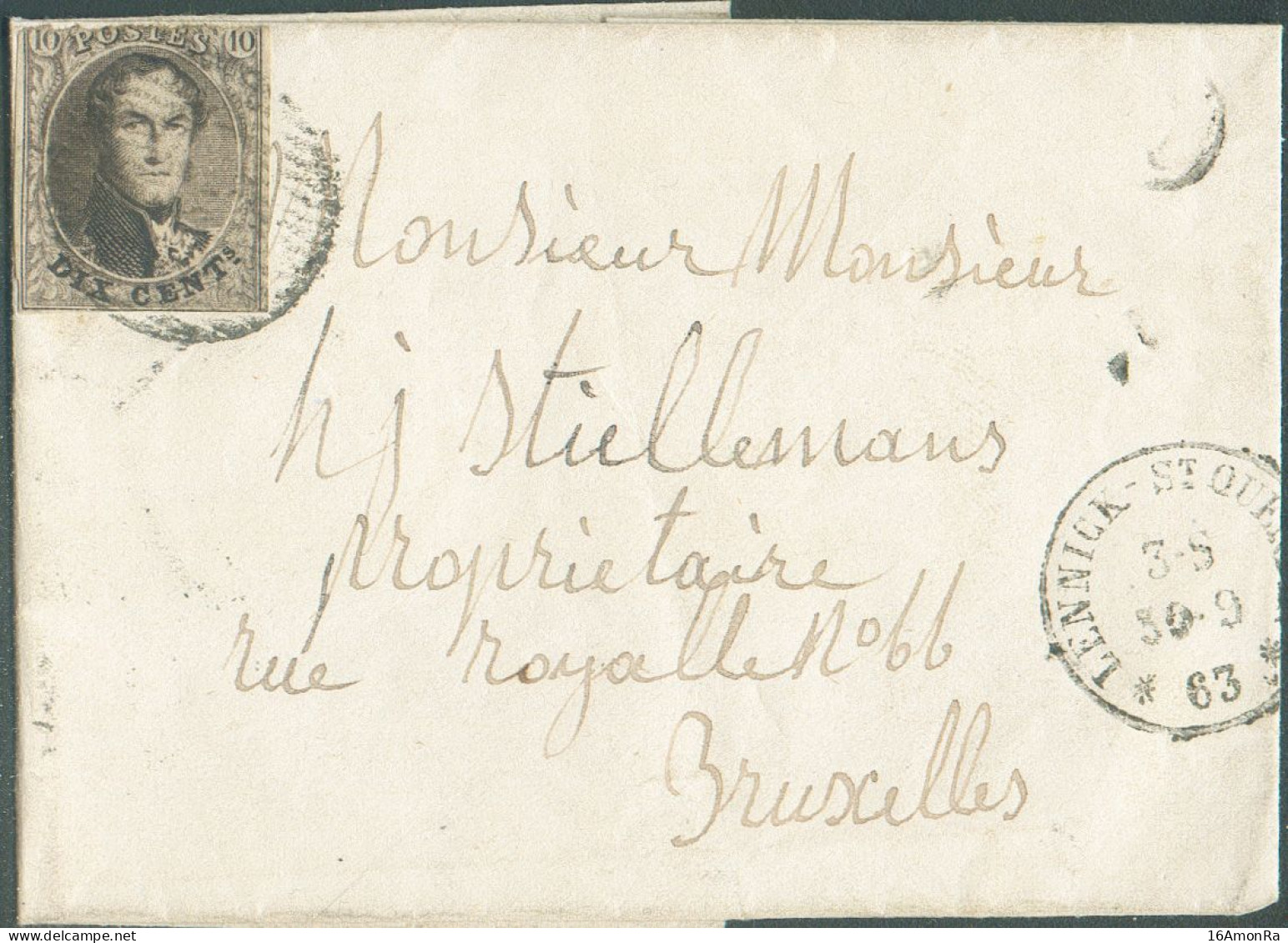 N°10 - Médaillon 10 Centimes Brun, 3 Marges, Obl. D.30 Sur Lettre De LENNICK-St QUENTIN * Le 30-9-63 + Boîte Ru - 22096 - 1851-1857 Medallones (6/8)