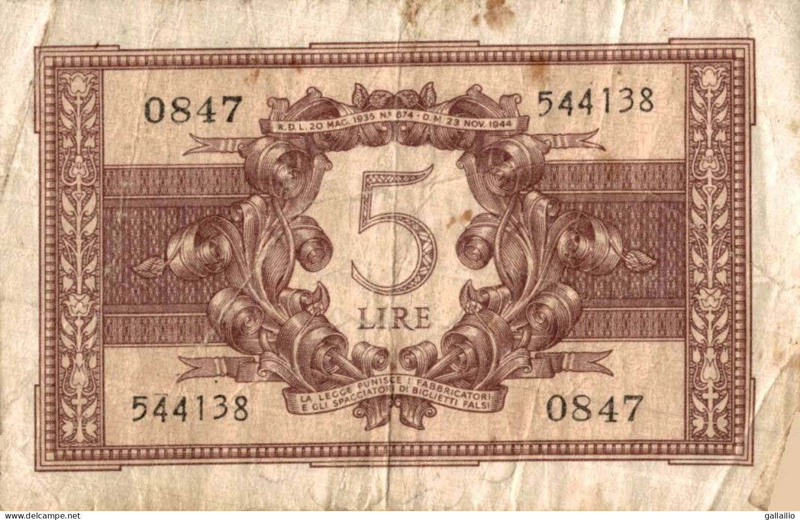 BILLET 5 LIRE ITALIE - Andere & Zonder Classificatie