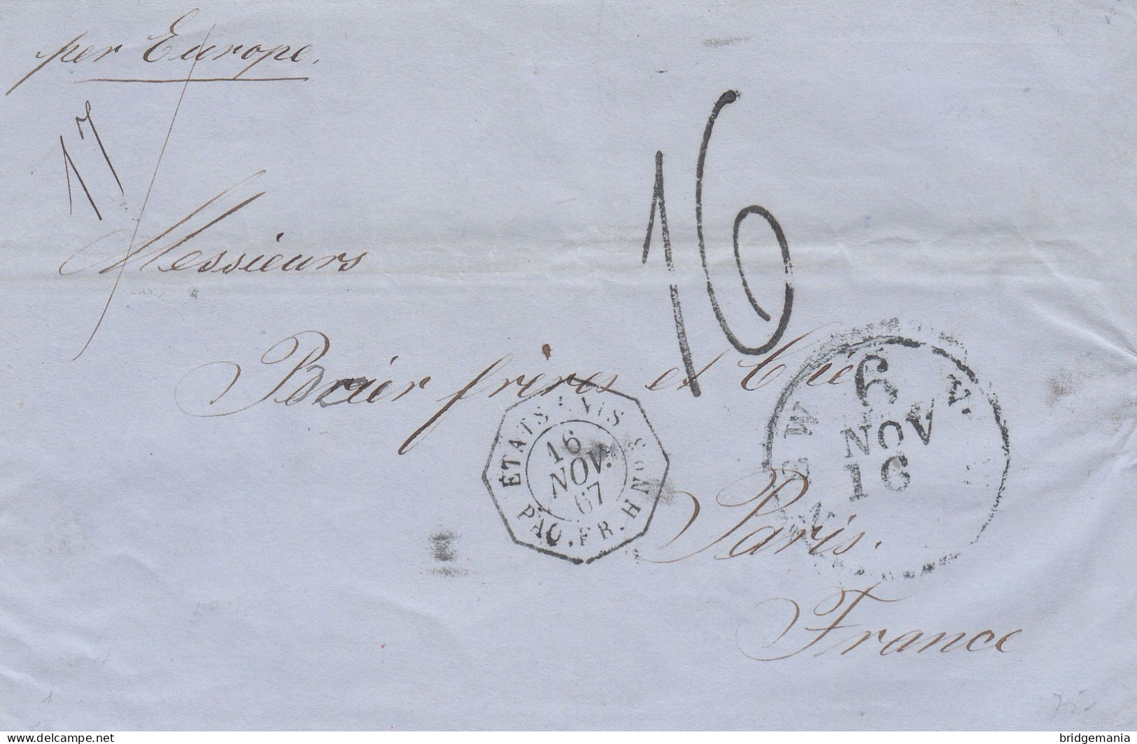 MTM108 - 1868 TRANSATLANTIC LETTER USA TO FRANCE Steamer EUROPE - UNPAID 2 RATE - Marcophilie