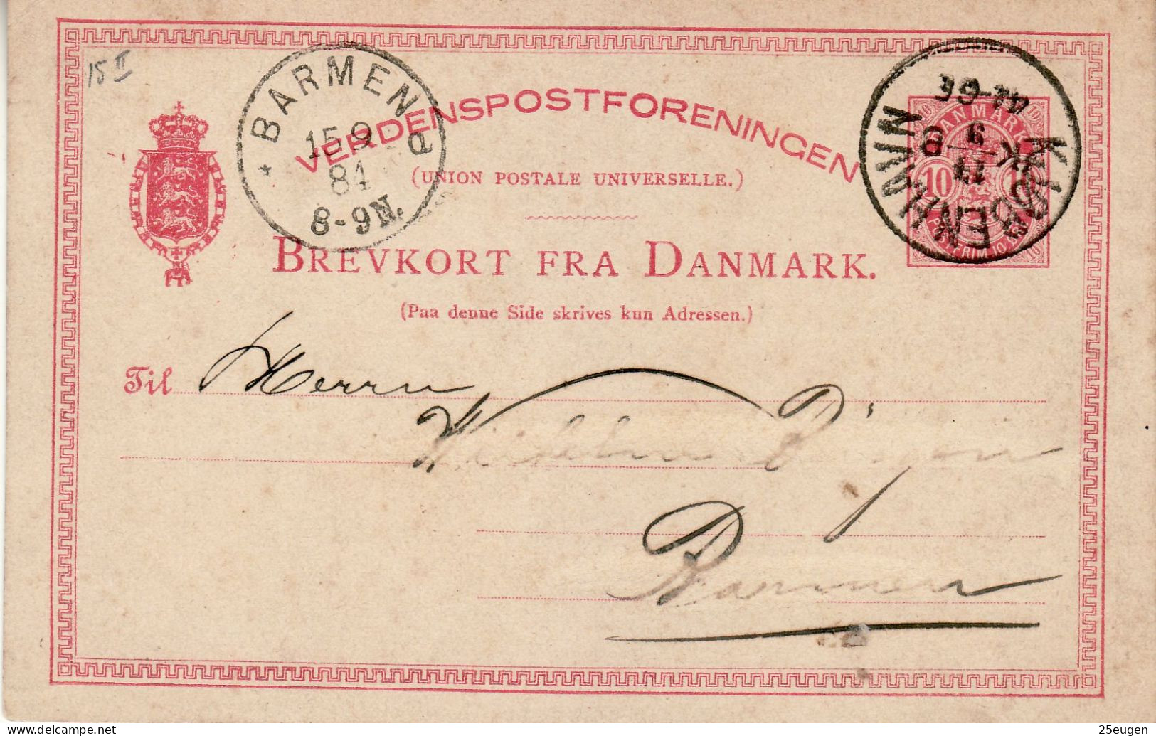 DENMARK 1884 POSTCARD SENT FROM KOPENHAVN TO BARMEN - Postal Stationery