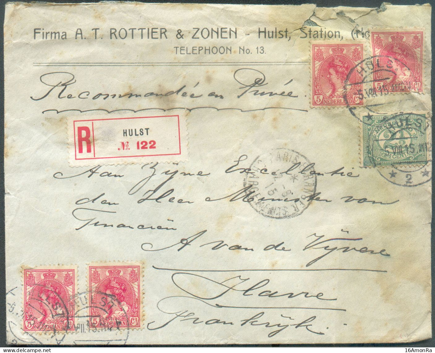 Pays-BAS 5c. (x4) + 2½c. Obl. Dc HULST Sur Enveloppe Recommandée Du 5-VIII-1915 Vers Le Ministre Des Finances A. Van De - Andere & Zonder Classificatie