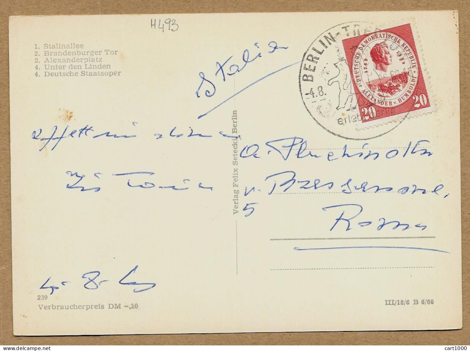 DDR HAUPTSTADT BERLIN 1960 N°H493 STEMPEL BERLIN-TREPTOW - Treptow