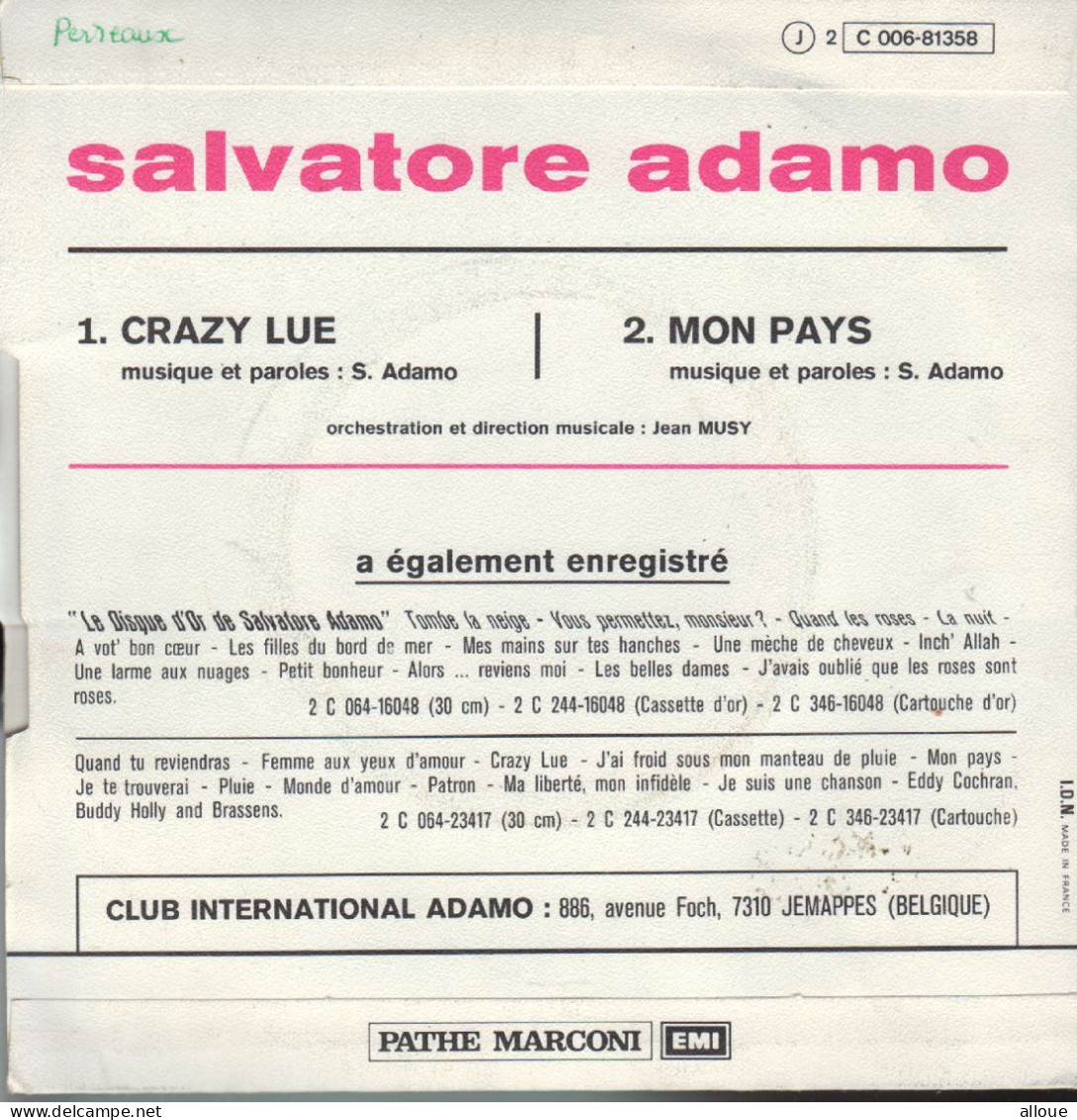 ADAMO - FRENCH SP - CRAZY LUE + 1 - Otros - Canción Española