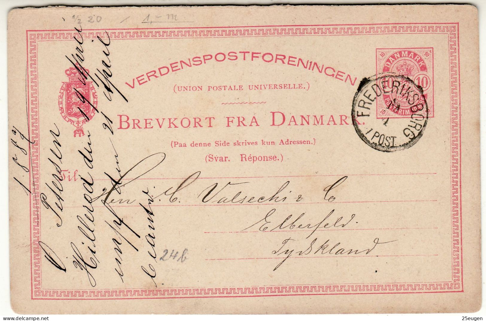 DENMARK 1887 POSTCARD SENT FROM FREDERIKSBORG TO ELBERFELD - Postal Stationery