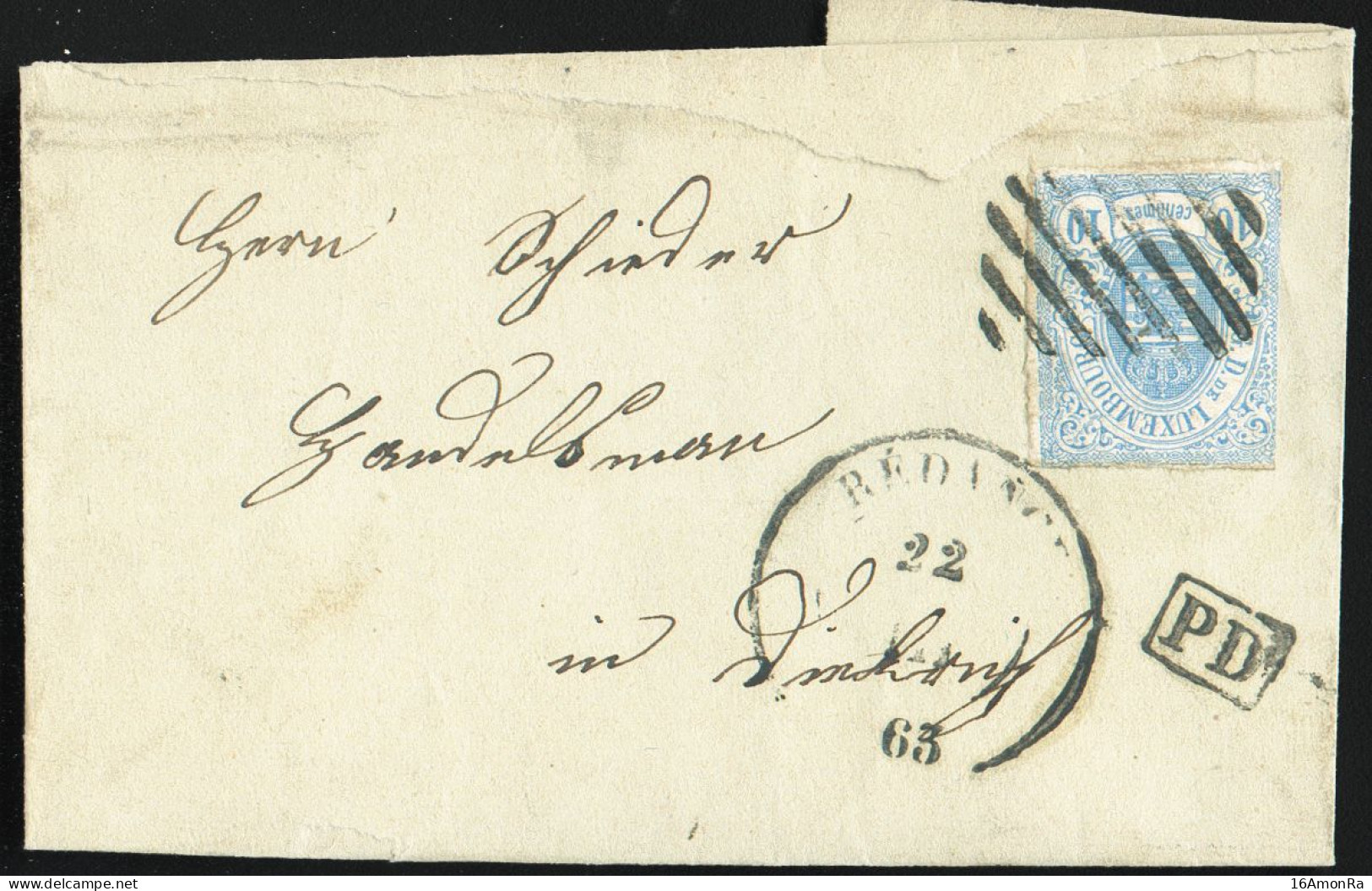 N°6 - 10 Centimes Bleu, Touché, Obl. RURALE à 9 Barres Sur Lettre (partielle) De REDANGE Le 22-III-1863 Vers Diekirch. - - 1859-1880 Coat Of Arms