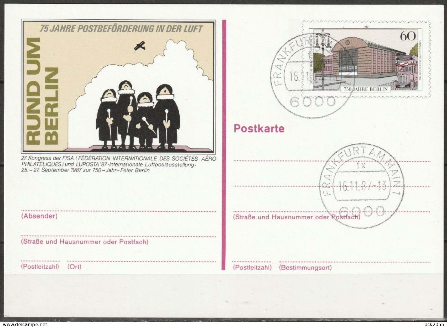 Berlin Ganzsache 1987 Mi.-Nr. P 127 LUPOSTA`87 Tagesstempel Frankfurt  15.11.1987 ( PK 508  ) - Postcards - Used