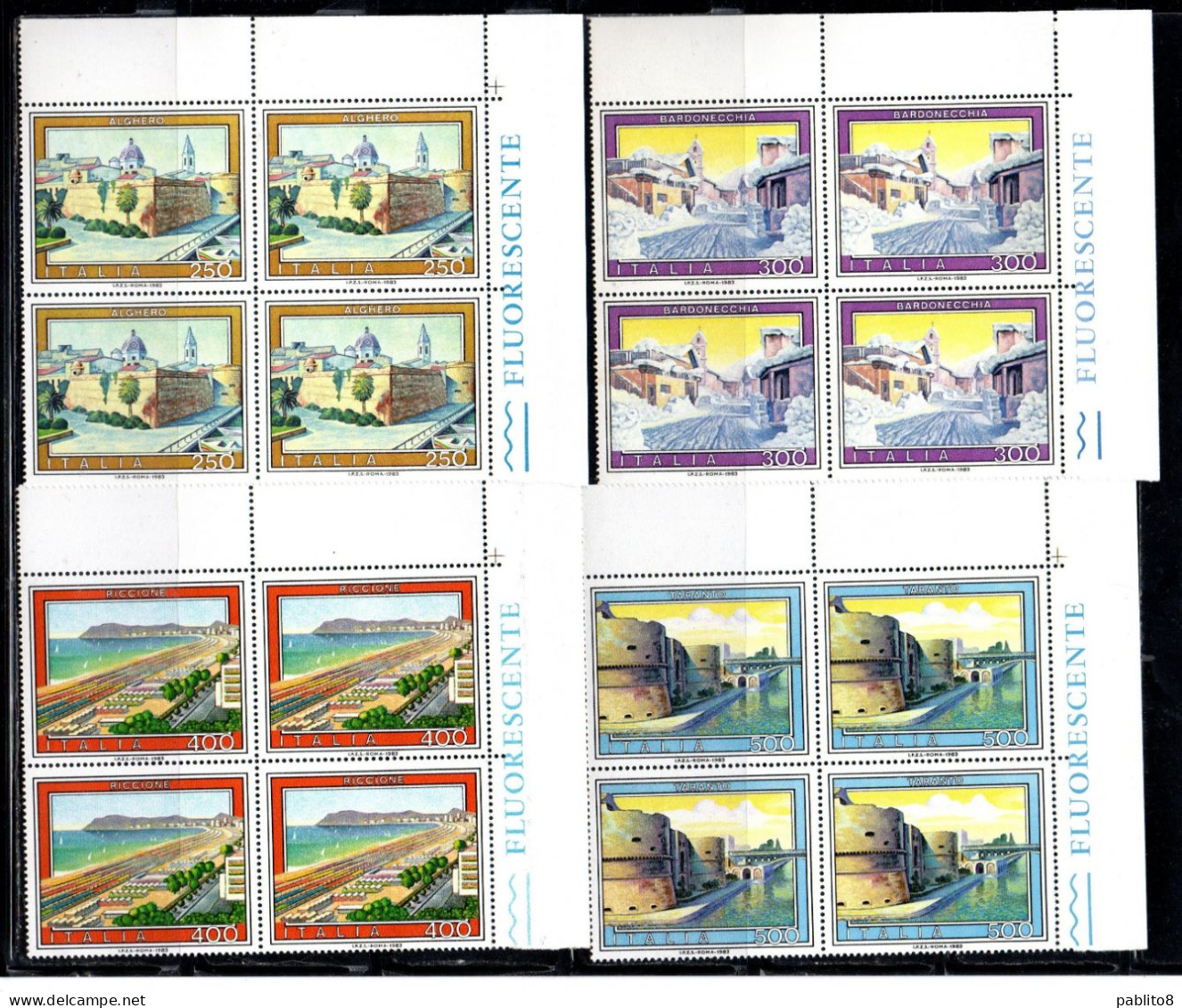 ITALIA REPUBBLICA ITALY 1983 PROPAGANDA TURISTICA ALGHERO BARDONECCHIA RICCIONE TARANTO QUARTINA ANGOLO DI FOGLIO MNH - 1981-90: Mint/hinged