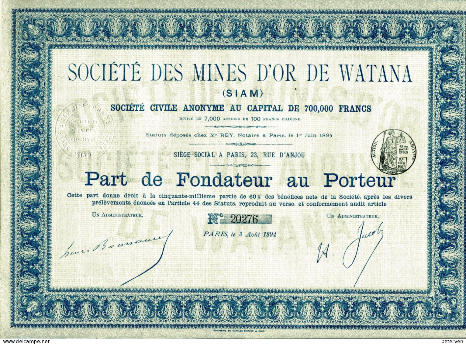 Société Des MINES D'OR De WATANA (Siam); Part De Fondateur - Asien