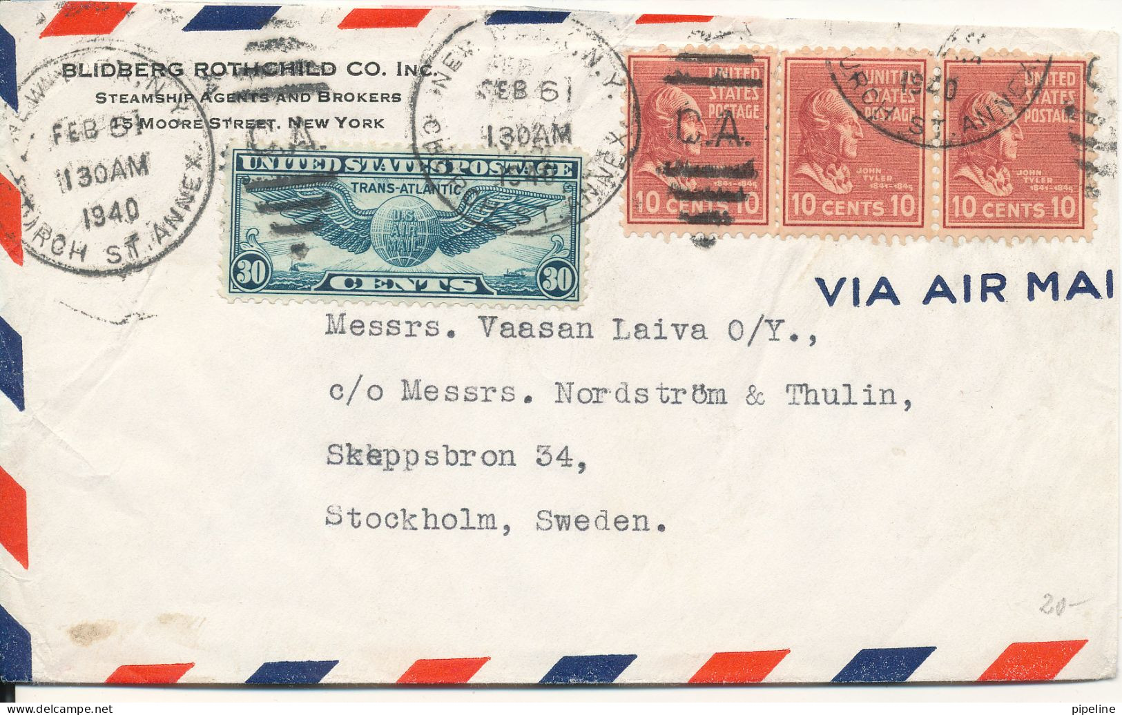 USA Air Mail Cover Sent To Sweden New York 6-2-1940 - 1c. 1918-1940 Brieven