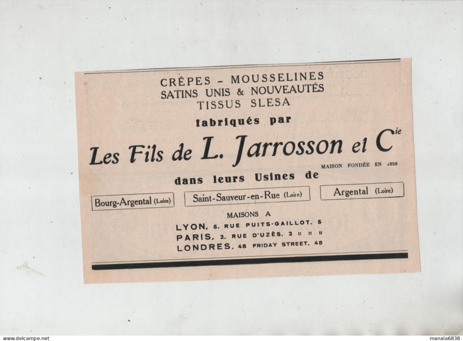 Jarrosson Bourg Argental Saint Sauveur En Rue Argental Lyon Paris Londres 1925 - Werbung