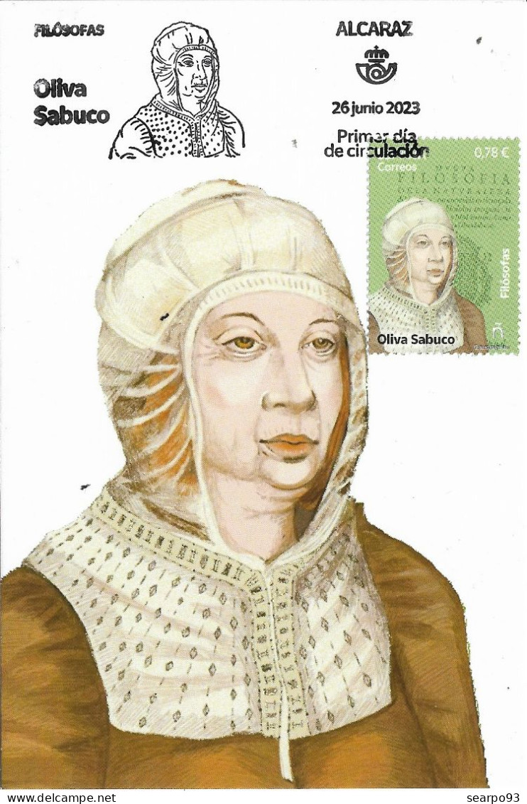 SPAIN. MAXICARD FIRST DAY. PHILOSOPHER OLIVA SABUCO. ALCARAZ. 2023 - Tarjetas Máxima