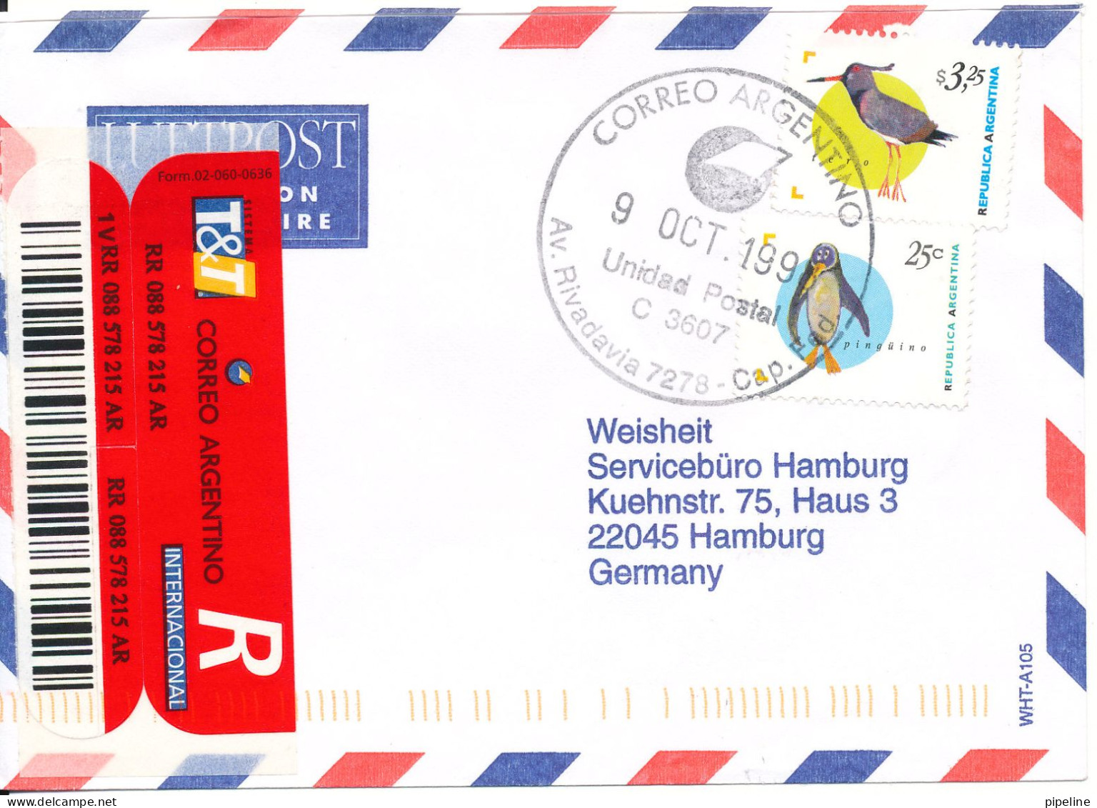 Argentina Registered Air Mail Cover Sent To Germany 9-10-1998 Topic Stamps BIRDS - Cartas & Documentos