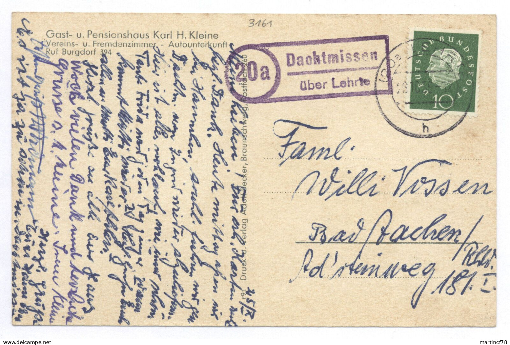 3161 Dachtmissen B. Lehrte Landpoststempel Gel. 1959 Burgdorf Hannover - Lehrte