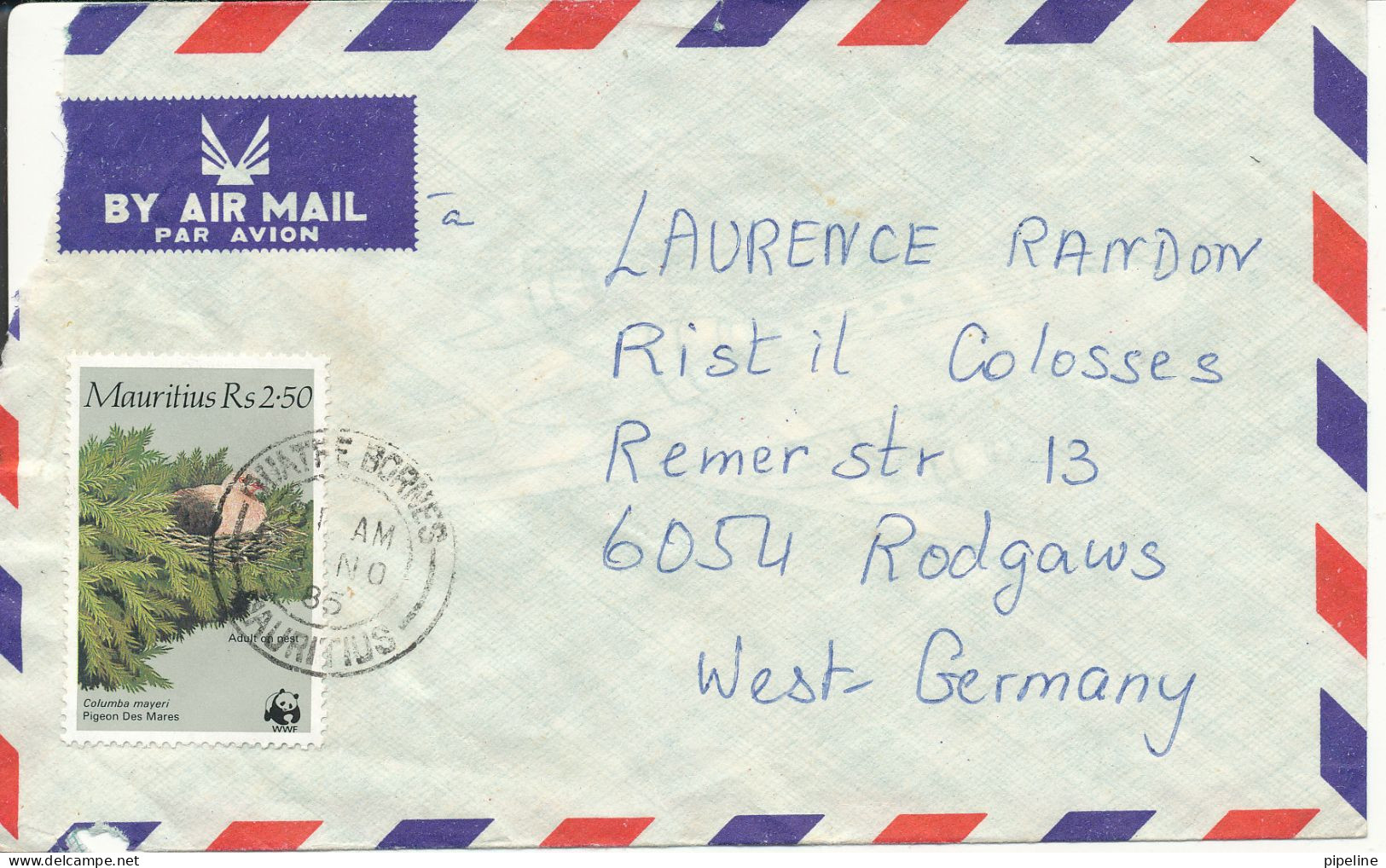 Mauritius Air Mail Cover Sent To Germany 4-11-1985 Single Franked With WWF Panda On The Stamp (the Cover Is Damaged In T - Storia Postale