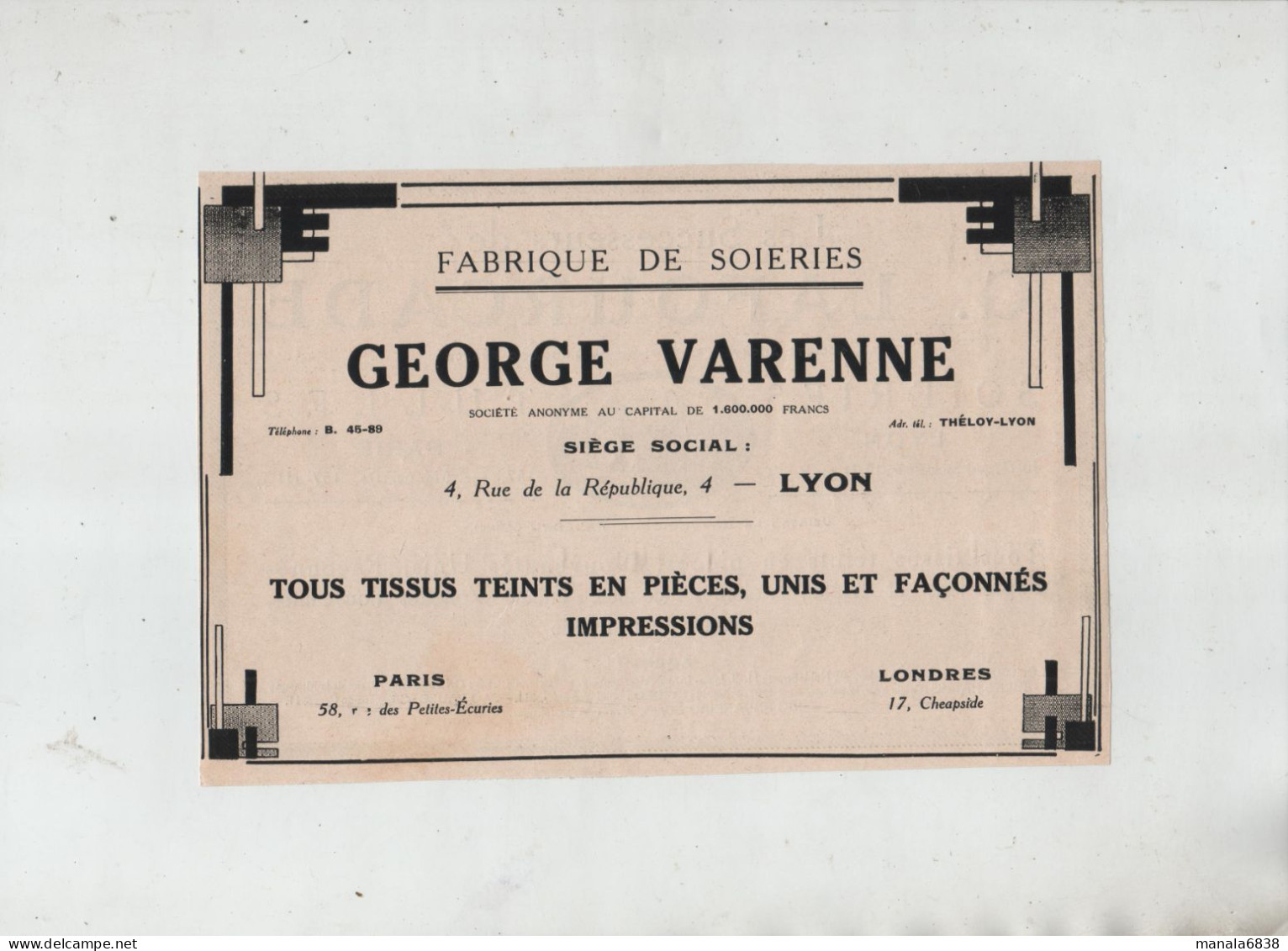 Fabrique Soieries Varenne Lyon  1925 Lafourcade Tulles La Ravinghouse Paladru - Werbung