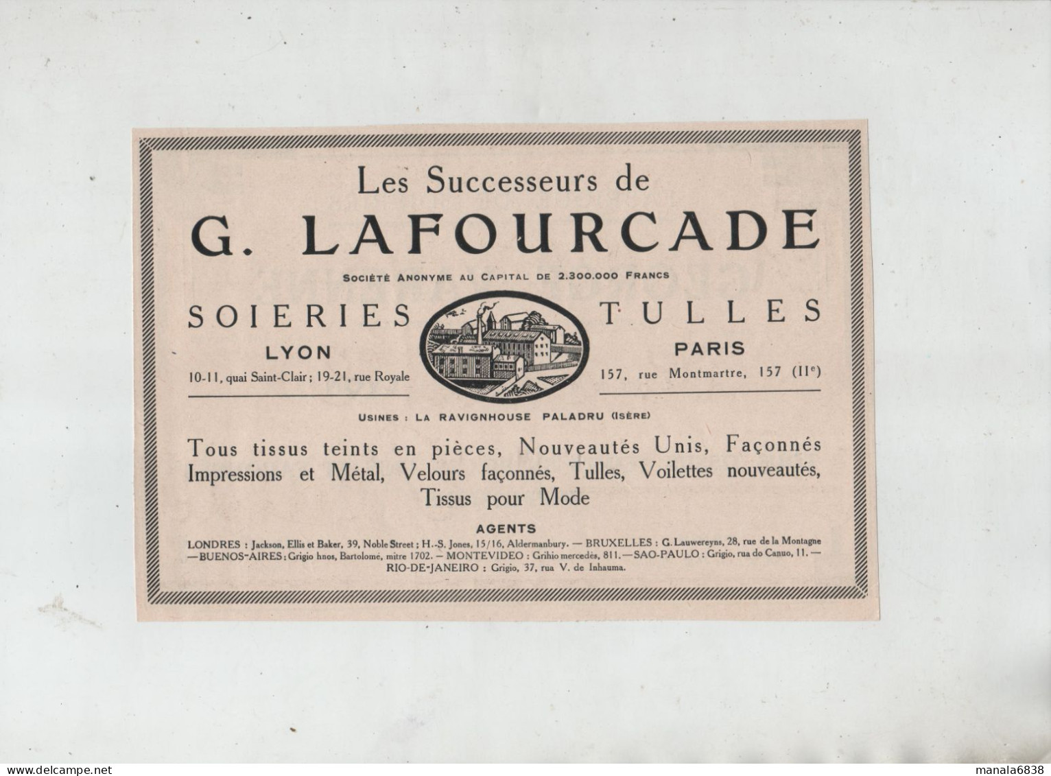 Fabrique Soieries Varenne Lyon  1925 Lafourcade Tulles La Ravinghouse Paladru - Werbung