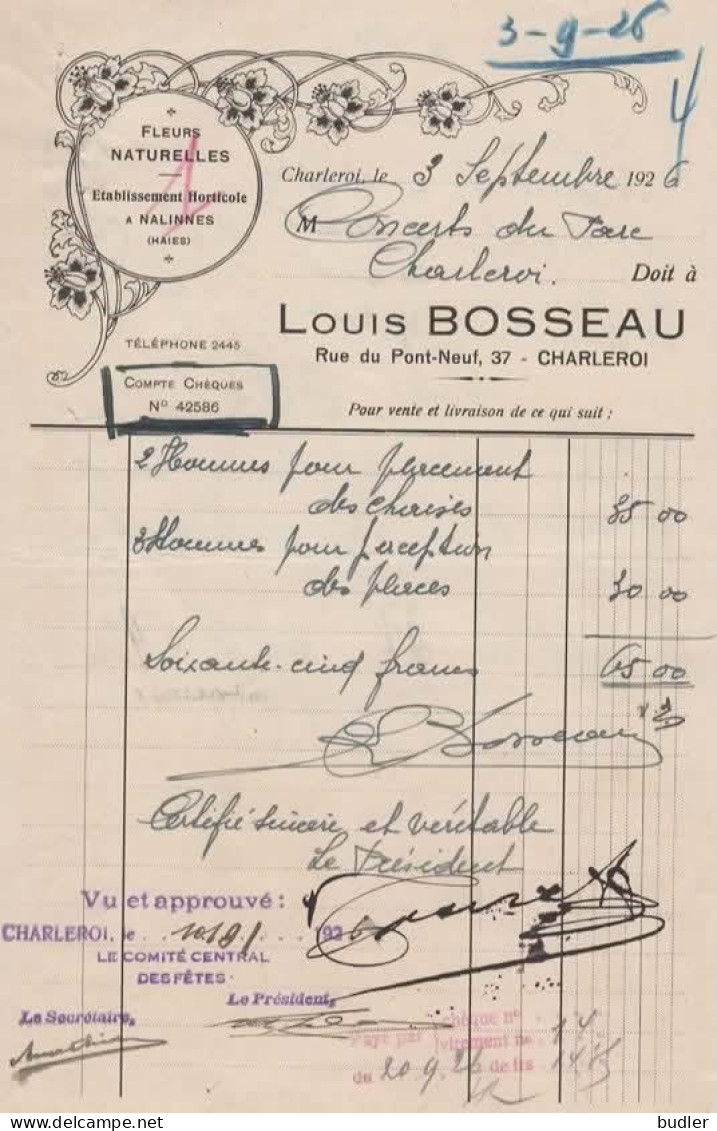 ART NOUVEAU / JUGENDSTIL :1926: Factuur Van / Facture De  ## Mr. LOUIS BOSSEAU, Rue Du Pont-Neuf, 37, CHARLEROI ## ..... - 1900 – 1949