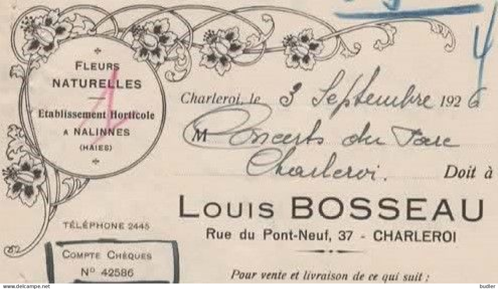 ART NOUVEAU / JUGENDSTIL :1926: Factuur Van / Facture De  ## Mr. LOUIS BOSSEAU, Rue Du Pont-Neuf, 37, CHARLEROI ## ..... - 1900 – 1949