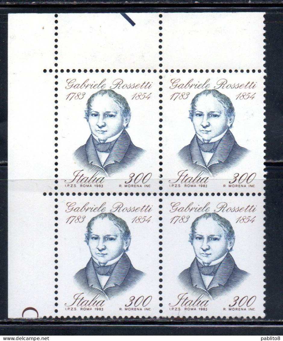 ITALIA REPUBBLICA ITALY REPUBLIC 1983 GABRIELE ROSSETTI QUARTINA ANGOLO DI FOGLIO BLOCK MNH - 1981-90: Mint/hinged