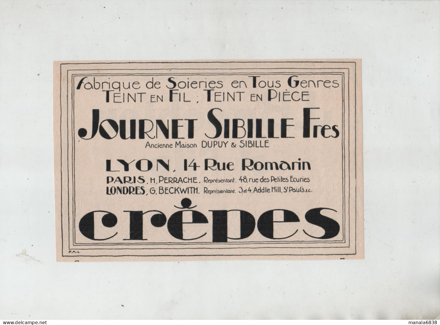 Brochier Fabrique De Soieries Lyon Sydney Melbourne 1925 Journet Sibille Crêpes Perrache Beckwith Représentants - Werbung