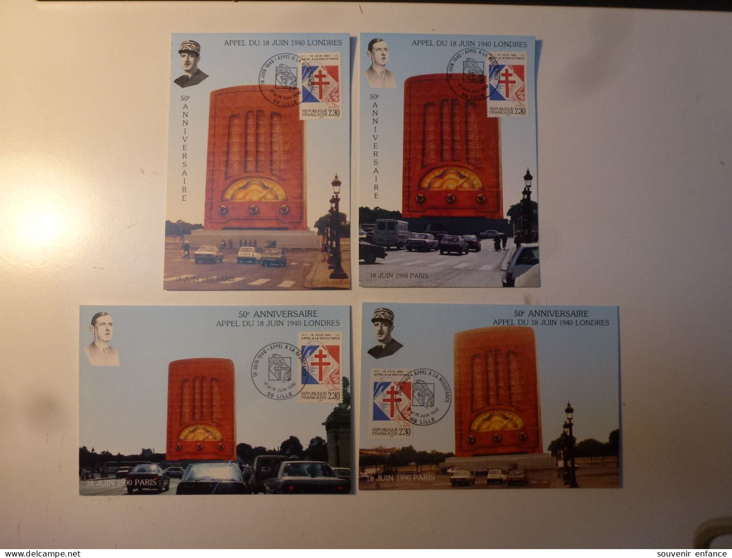 Lot 4 CP 50 èm Anniversaire De L'Appel Du 18 Juin 1940 Du Général De Gaulle 1990 Avec Timbre - Guerre 1939-45