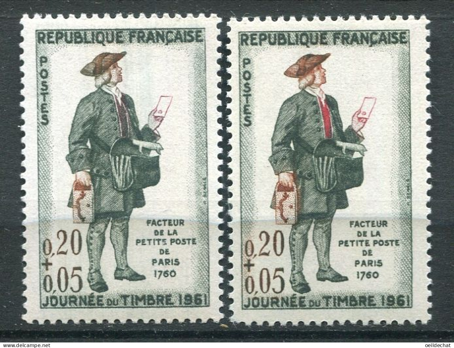 26401 FRANCE N°1285** 20+5c. Facteur De La Petite Poste : Cheveux Vert Au Lieu De Brun + Normal (non Inclus) 1961  TB   - Unused Stamps