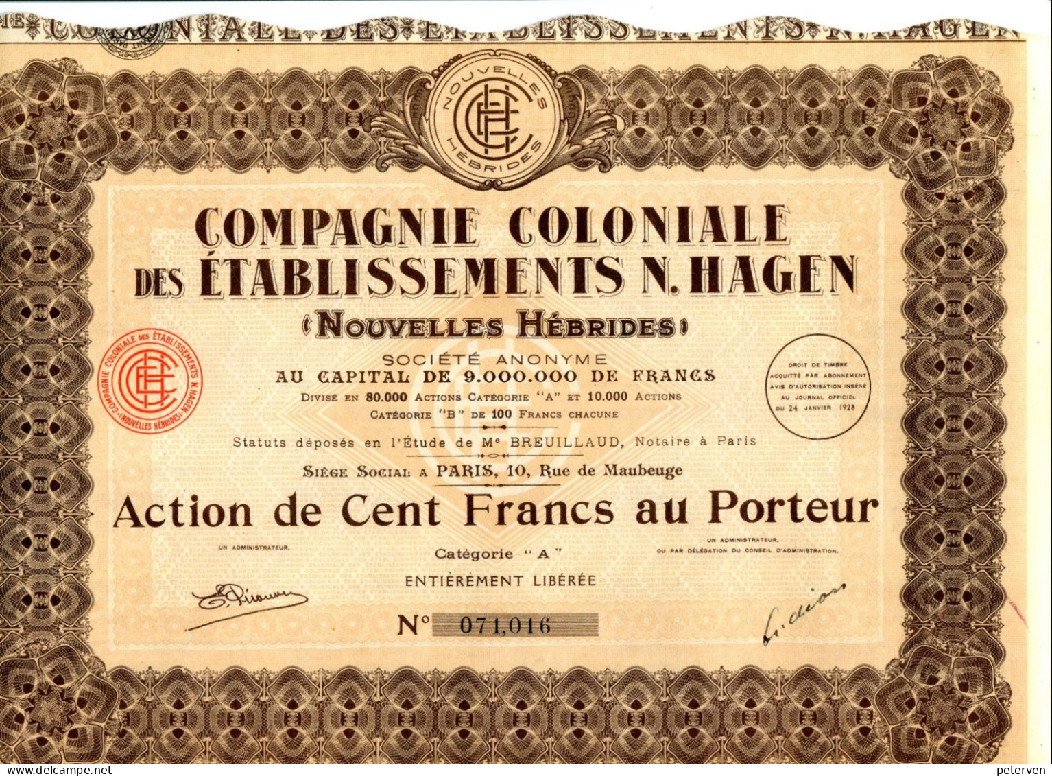 Compagnie COLONIALE Des ILES BANKS (Nouvelles Hébrides); Action De 100 Francs - Azië