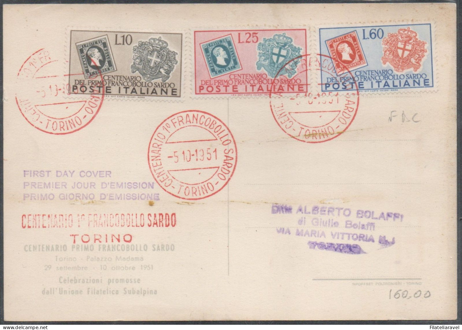 Italia Repubblica - 1951 - Cartolina " Centenario I° Francobollo Sardo - Torino ", FDC - 1946-60: Storia Postale