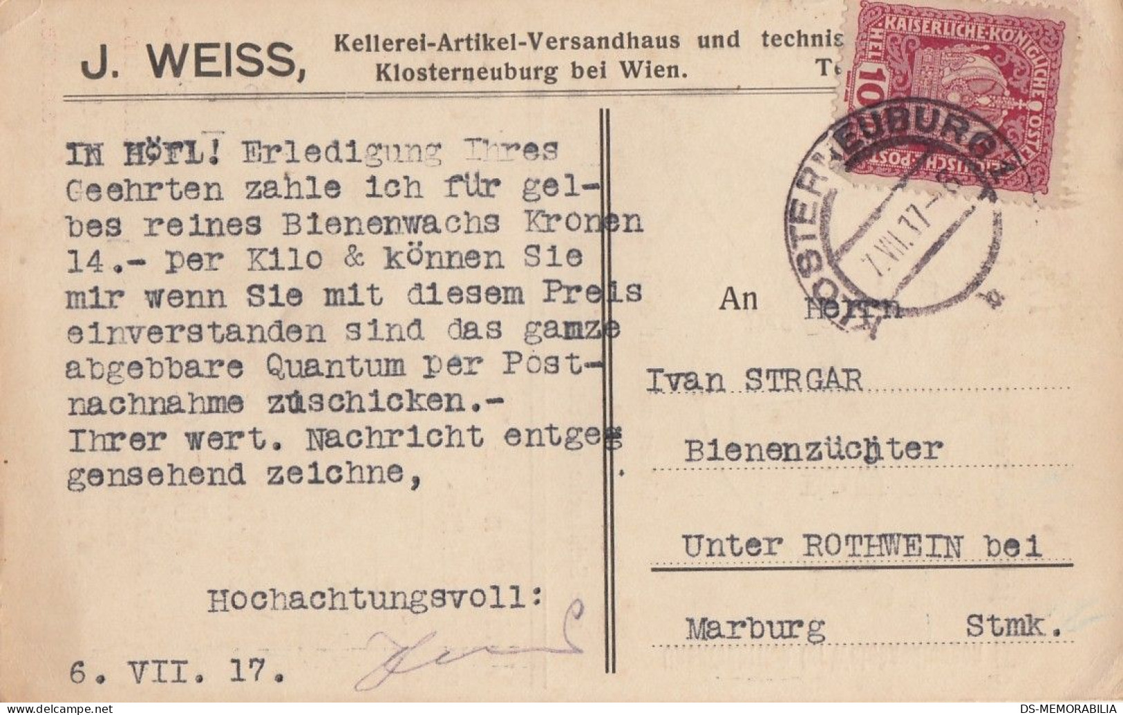 Klosterneuburg - Firma J.Weiss 1917 - Klosterneuburg