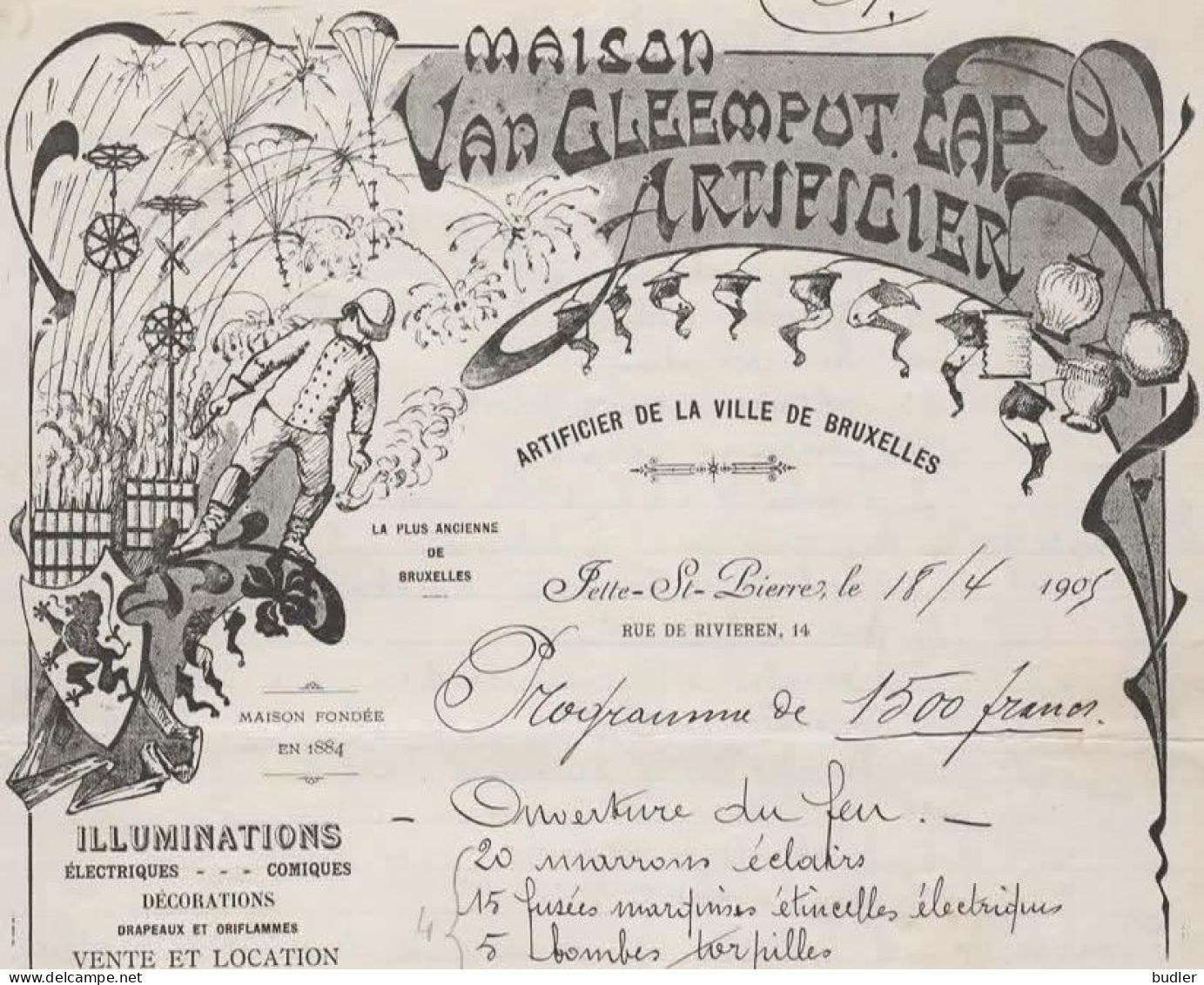 1905: Prijsopgave Van / Offerte De  ## Maison VAN CLEEMPUT, Artificier De La Ville De Bruxelles, Rue De Rivieren,14, ... - 1900 – 1949