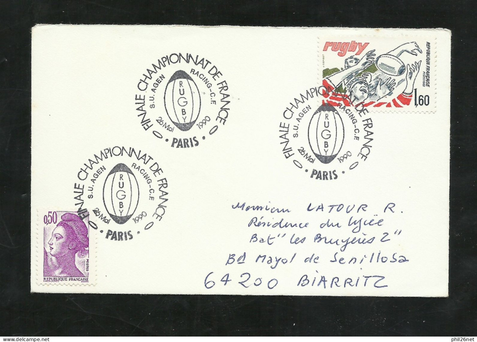 Lettre Paris 26/5/1990 Avec N° 2236 Et 2184 Rugby Finale Championnat De France  Agen/Racing Club De France  Cachets TB - Rugby