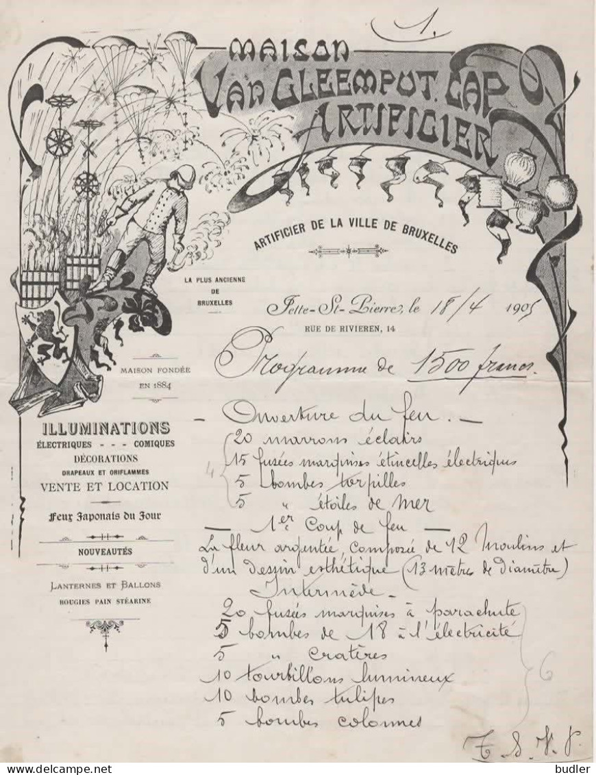 1905: Prijsopgave Van / Offerte De  ## Maison VAN CLEEMPUT, Artificier De La Ville De Bruxelles, Rue De Rivieren,14, ... - Ambachten