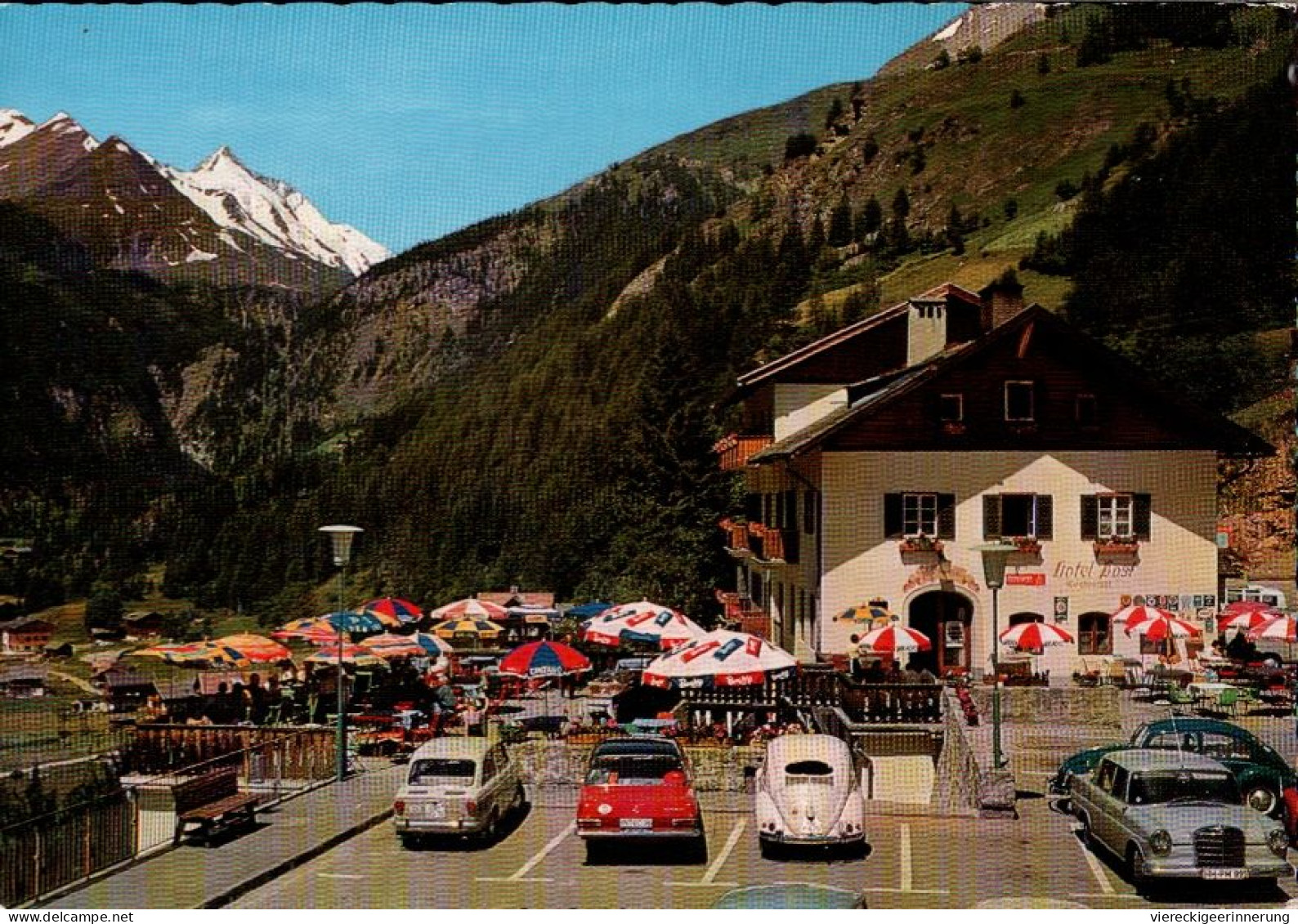 ! Ansichtskarte VW Käfer, Volkswagen, Mercedes, Heiligenblut, Hotel Post, 1968, Österreich - Voitures De Tourisme