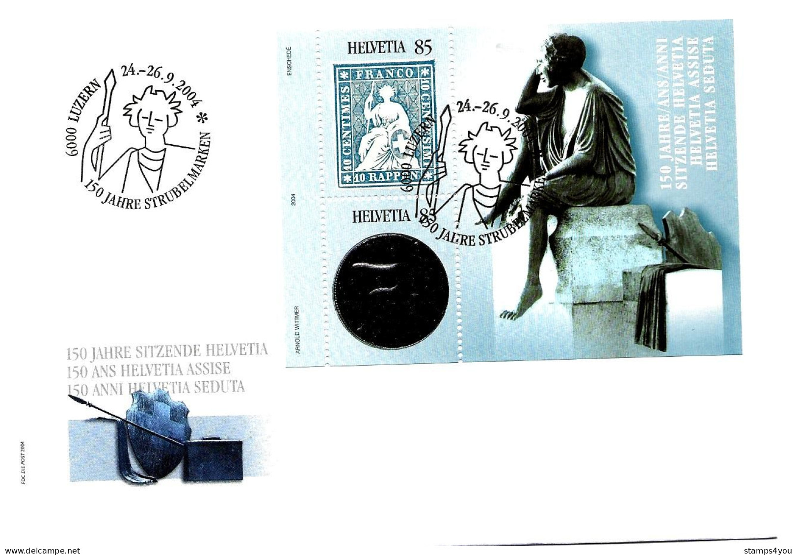 CH - 140 - Enveloppe Avec Bloc Et Oblit Spéciale "100 Ans Helvetia Assise" 2004 - Marcophilie