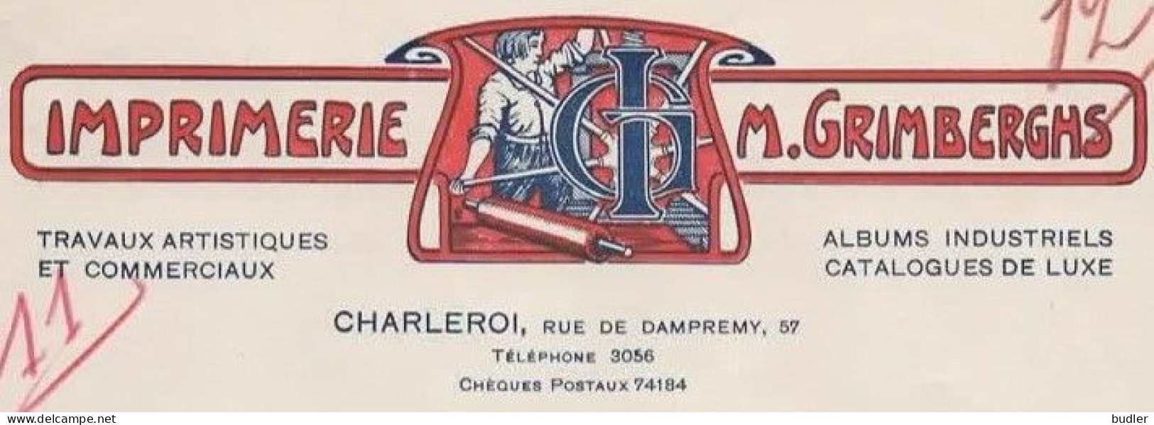 ART NOUVEAU / JUGENDSTIL :1927: Factuur Van / Facture De ## Imprimerie M. GRIMBERGHS, Rue De Dampremy, 57, CHARLEROI ##. - Stamperia & Cartoleria