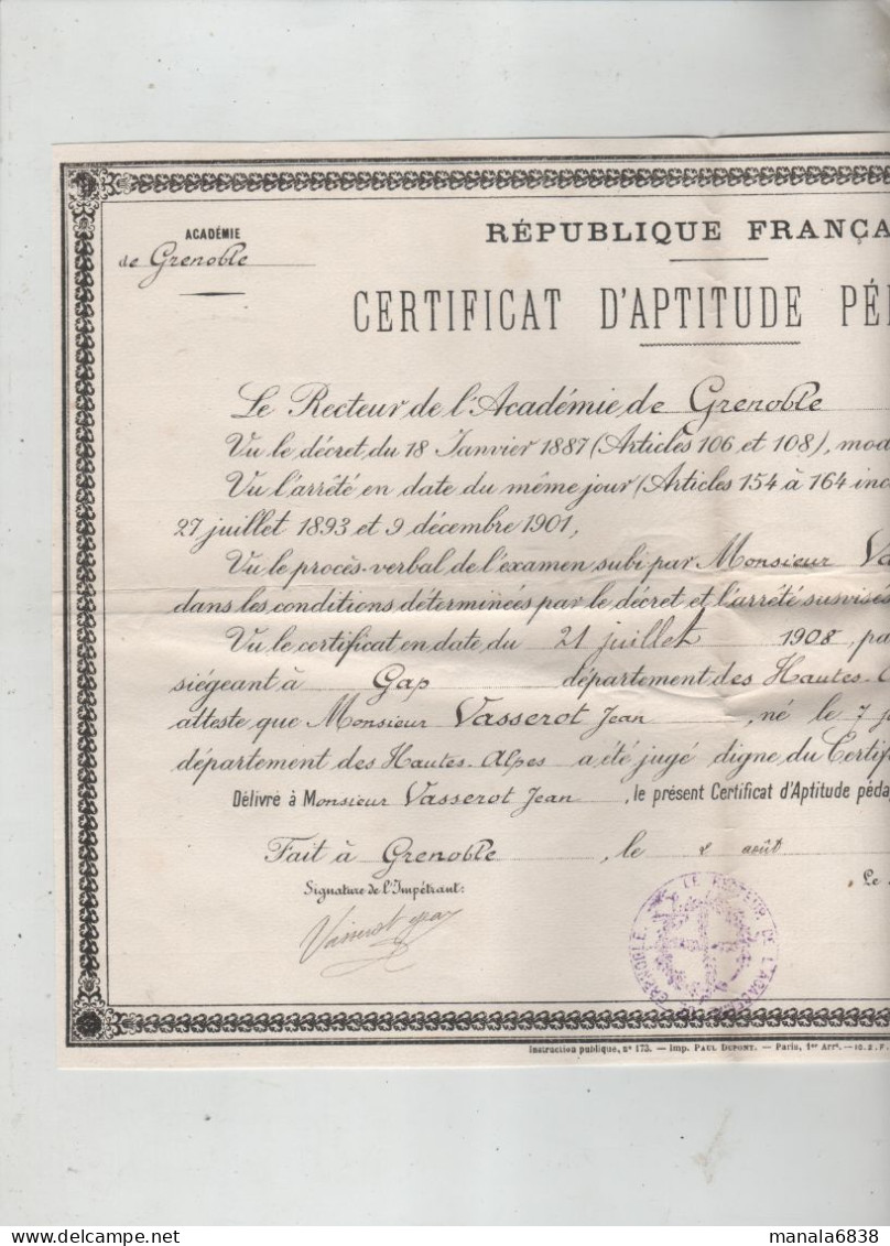 Certificat D'Aptitude Pédagogique 1908 Vasserot Molines En Queyras Grenoble - Diplômes & Bulletins Scolaires