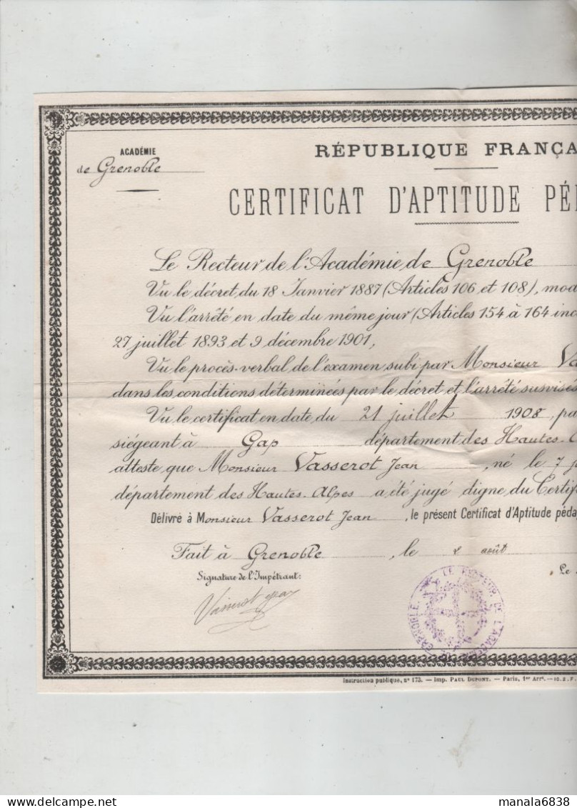 Certificat D'Aptitude Pédagogique 1908 Vasserot Molines En Queyras Grenoble - Diploma's En Schoolrapporten