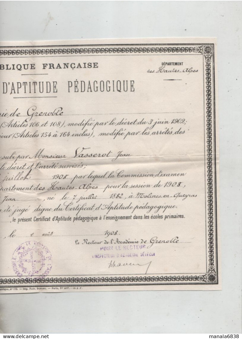 Certificat D'Aptitude Pédagogique 1908 Vasserot Molines En Queyras Grenoble - Diplome Und Schulzeugnisse