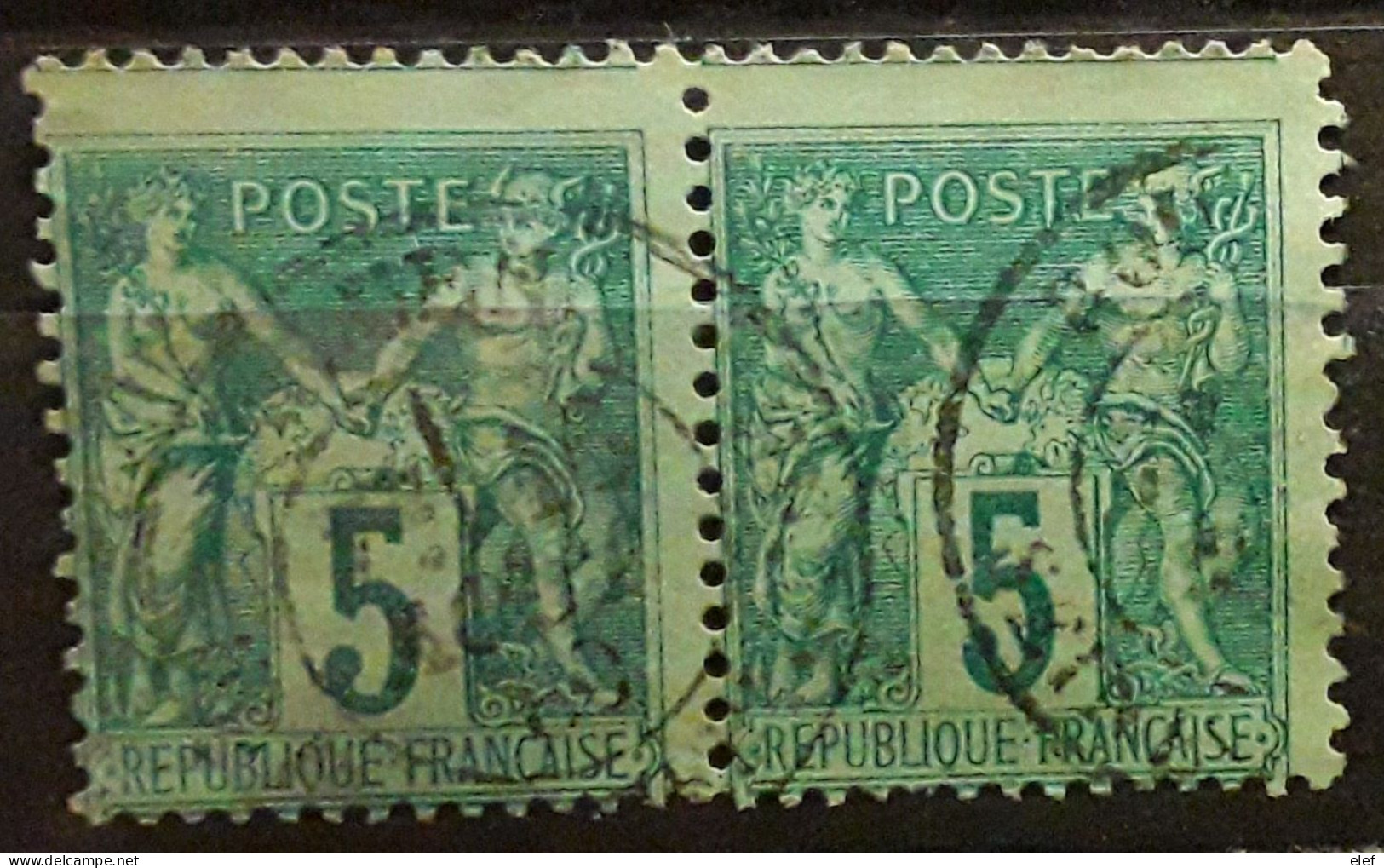 PAIRE SAGE No 75, 5 C Vert VARIETE PIQUAGE  O Cachet à Date De ROUEN, Seine Inférieure Maritime,16 Août 1880, TB - 1876-1898 Sage (Type II)