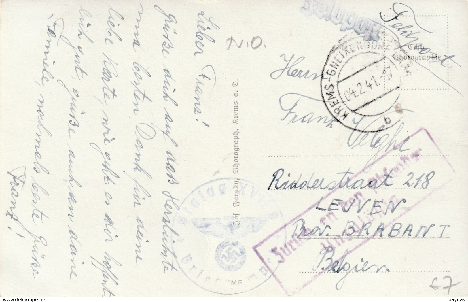 N.O.258  --  GAUSTADT  KREMS   --   FELDPOST NACH BELGIE  --  ZURUCK  --  1938 - Krems An Der Donau