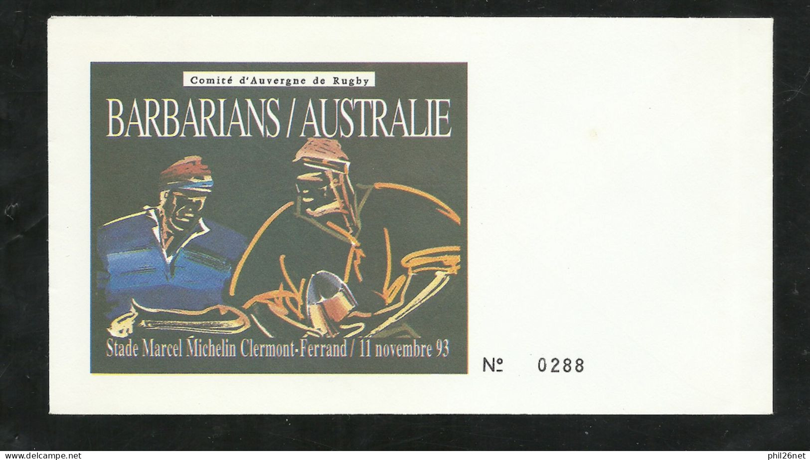 Lettre Numérotée .Rugby Barbarians - Australie Stade Michelin Clermont Ferrand Le 11/11/1993  Neuve  B/TB  Voir Scans ! - Rugby