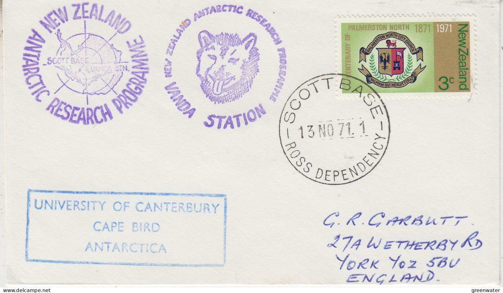 Ross Dependency 1971  University Of Canterbury Cape Bird 2 Signatures Ca Scott Base 13 NOV 1971 (SO225) - Cartas & Documentos