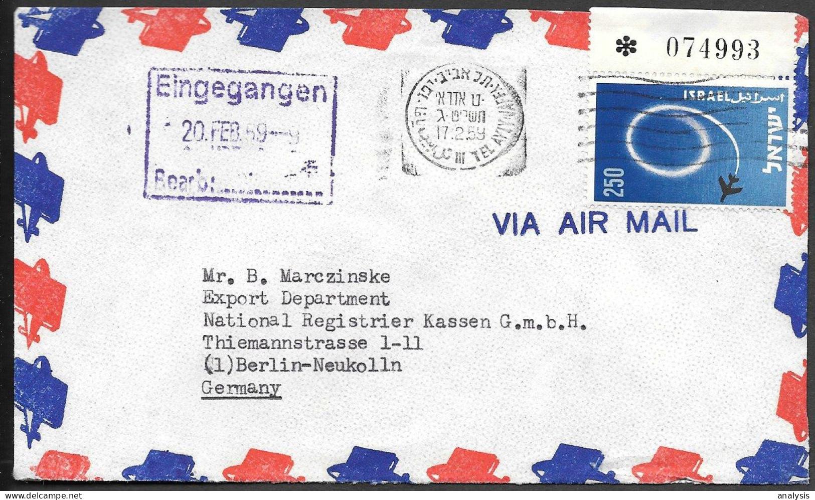 Israel Tel-Aviv Cover Mailed To Germany 1959 ##008 - Lettres & Documents
