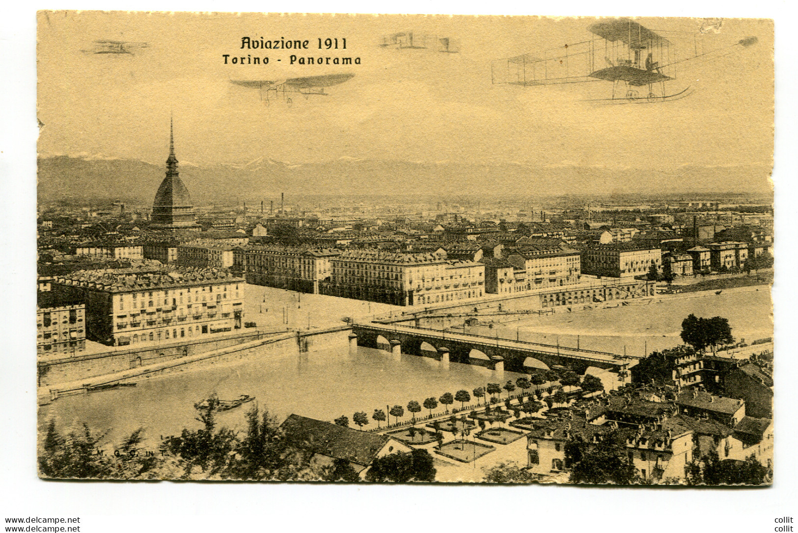 Torino - Cartolina Panoramica Con Velivolo In Volo - Marcophilie (Avions)