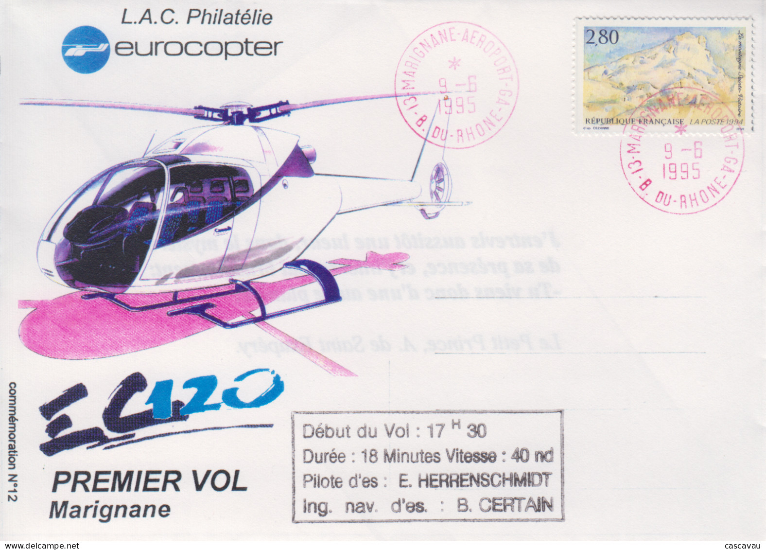 Enveloppe  FRANCE   AEROSPATIALE   HELICOPTERE   1er   Vol   E C  120   MARIGNANE    1995 - Helicopters