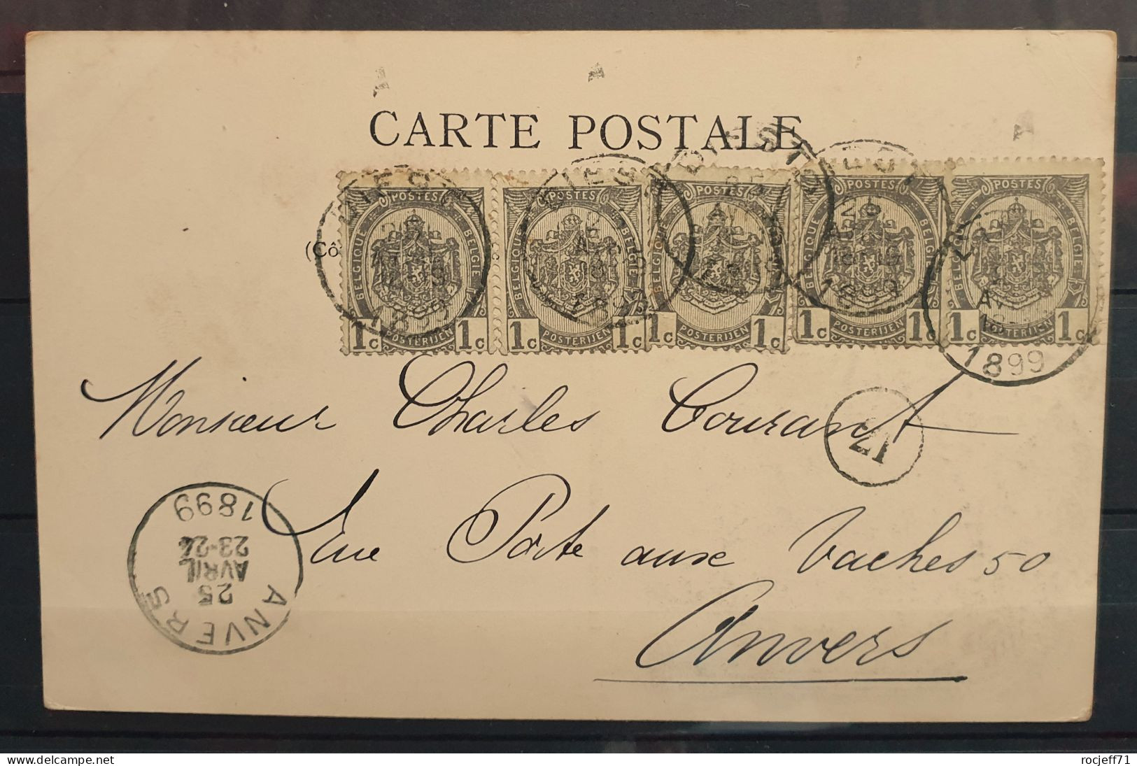 03 - 24 - Belgique - Carte Postale Avec 5 X 1 Centime Gris à Destination De Anvers - 1893-1907 Armoiries