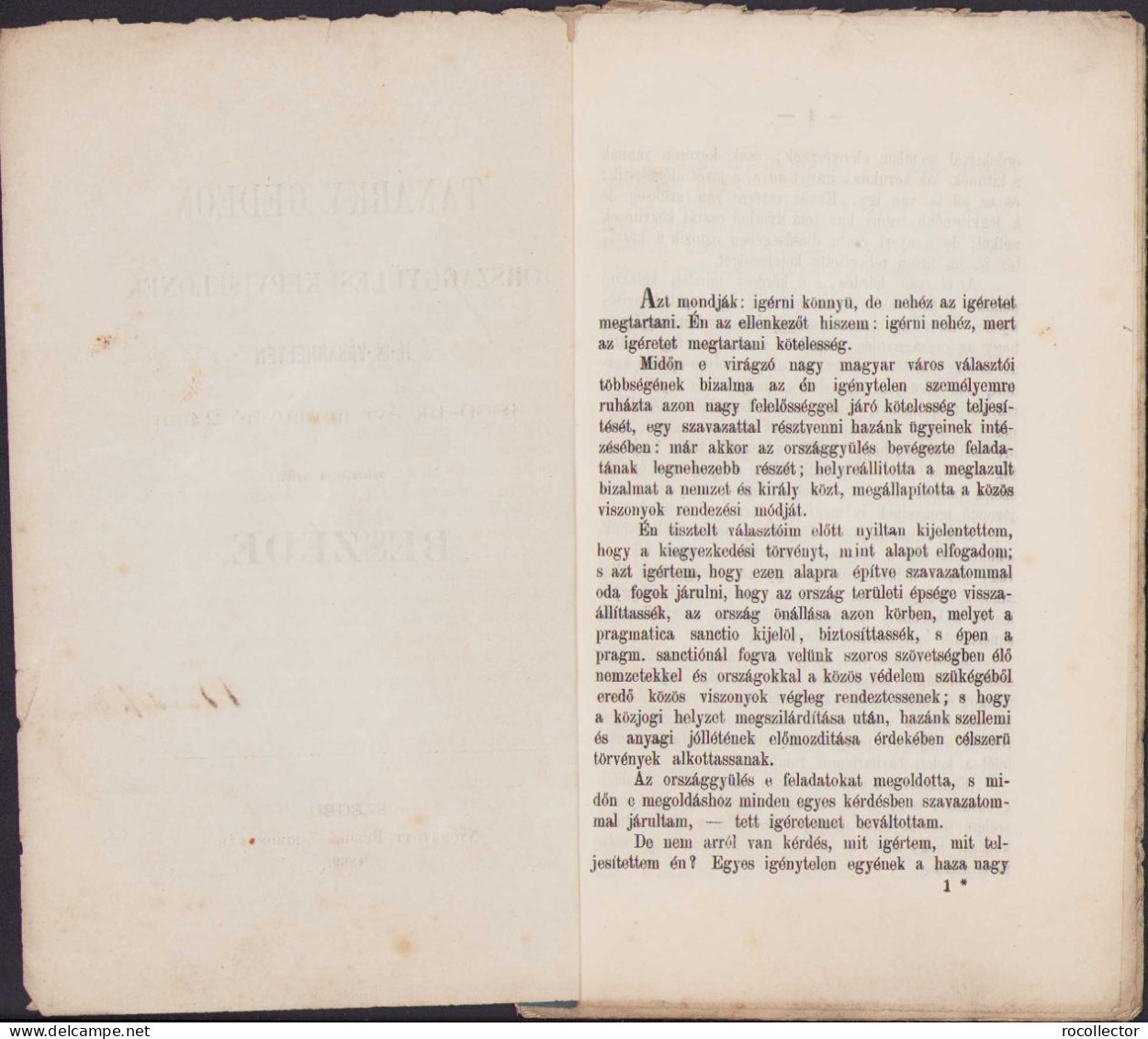 Tanárky Gedeon Országgyülési Képviselőnek H.-M.-Vásárhelyen 1869-dik évi Január Hó 24-én Választóihoz ... 53SP - Libros Antiguos Y De Colección