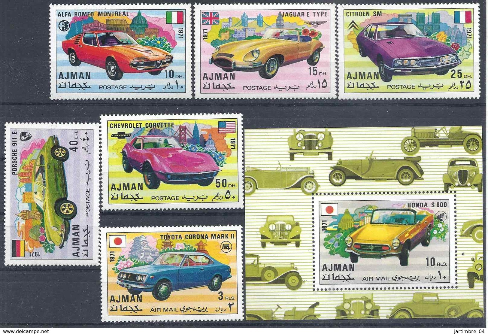 1971 AJMAN Michel 1169-74+ BF 324A ** Automobiles, Citroën, Porsche, Jaguar, Toyota, Honda - Adschman